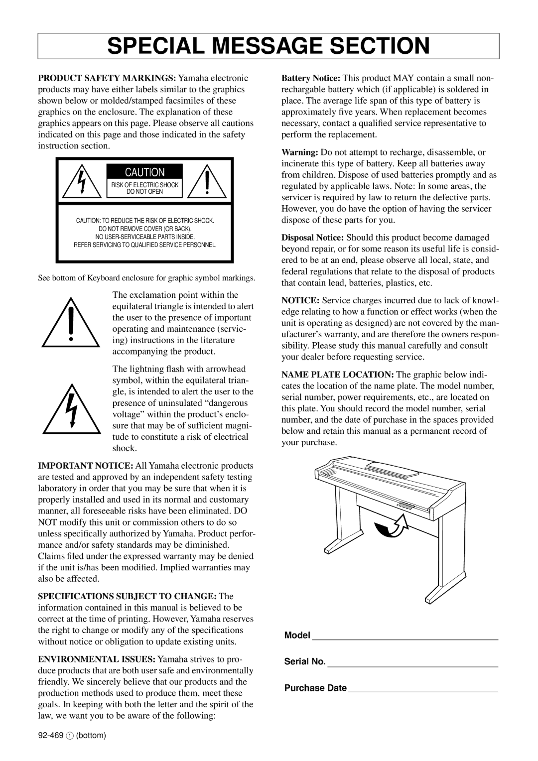 Yamaha YDP-113 owner manual Special Message Section 