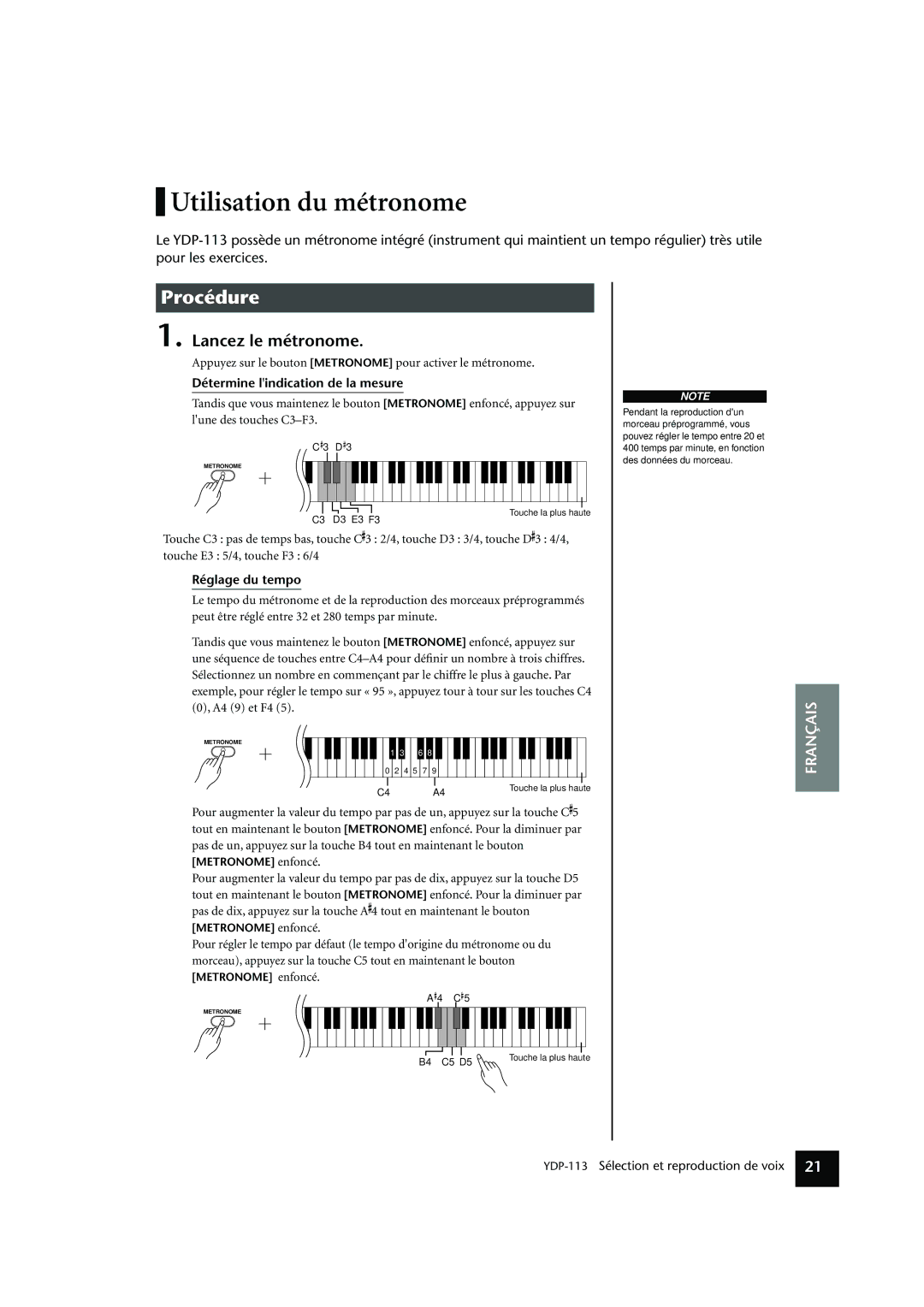 Yamaha YDP-113 owner manual Utilisation du métronome, Détermine lindication de la mesure, Réglage du tempo 