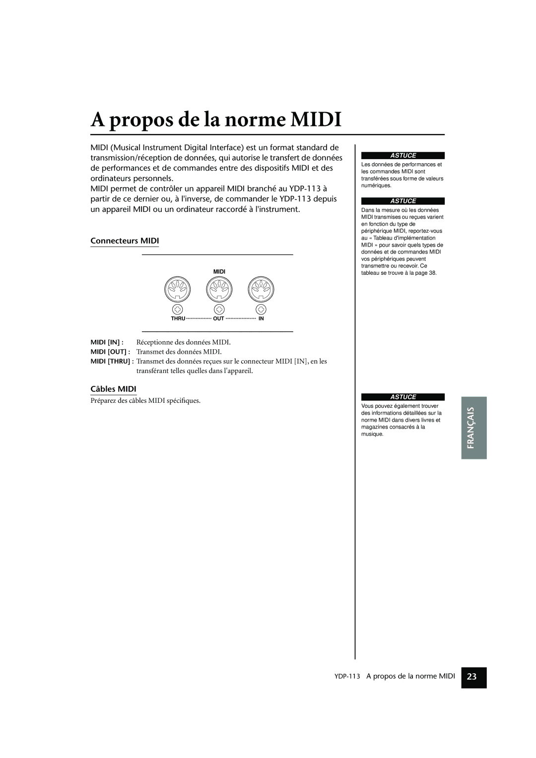 Yamaha YDP-113 owner manual Propos de la norme Midi, Connecteurs Midi, Câbles Midi 