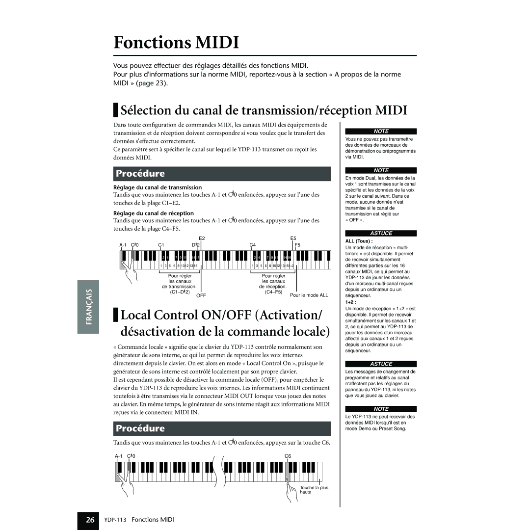 Yamaha YDP-113 owner manual Fonctions Midi, Sélection du canal de transmission/réception Midi, ALL Tous 