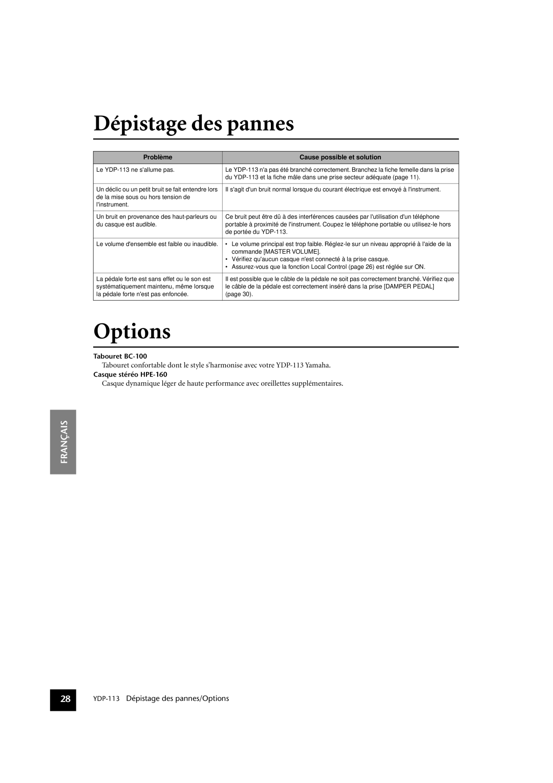 Yamaha YDP-113 owner manual Dépistage des pannes, Options, Problème Cause possible et solution 