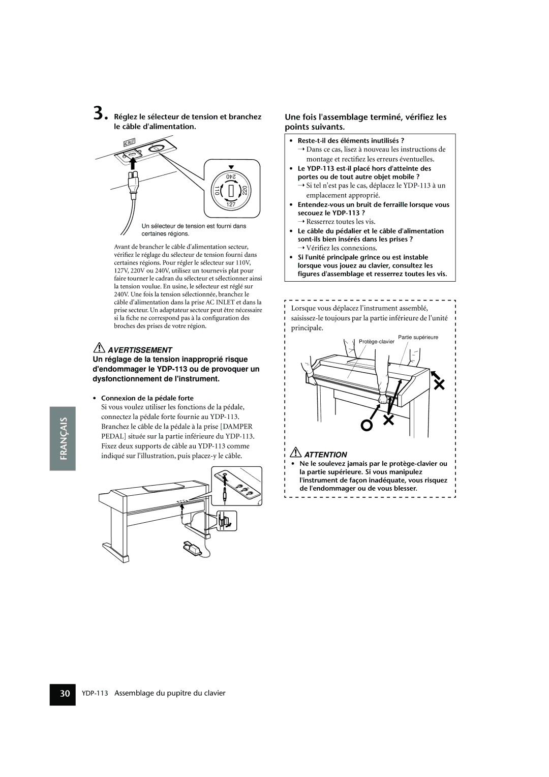 Yamaha YDP-113 owner manual Une fois lassemblage terminé, vériﬁez les points suivants, Avertissement 