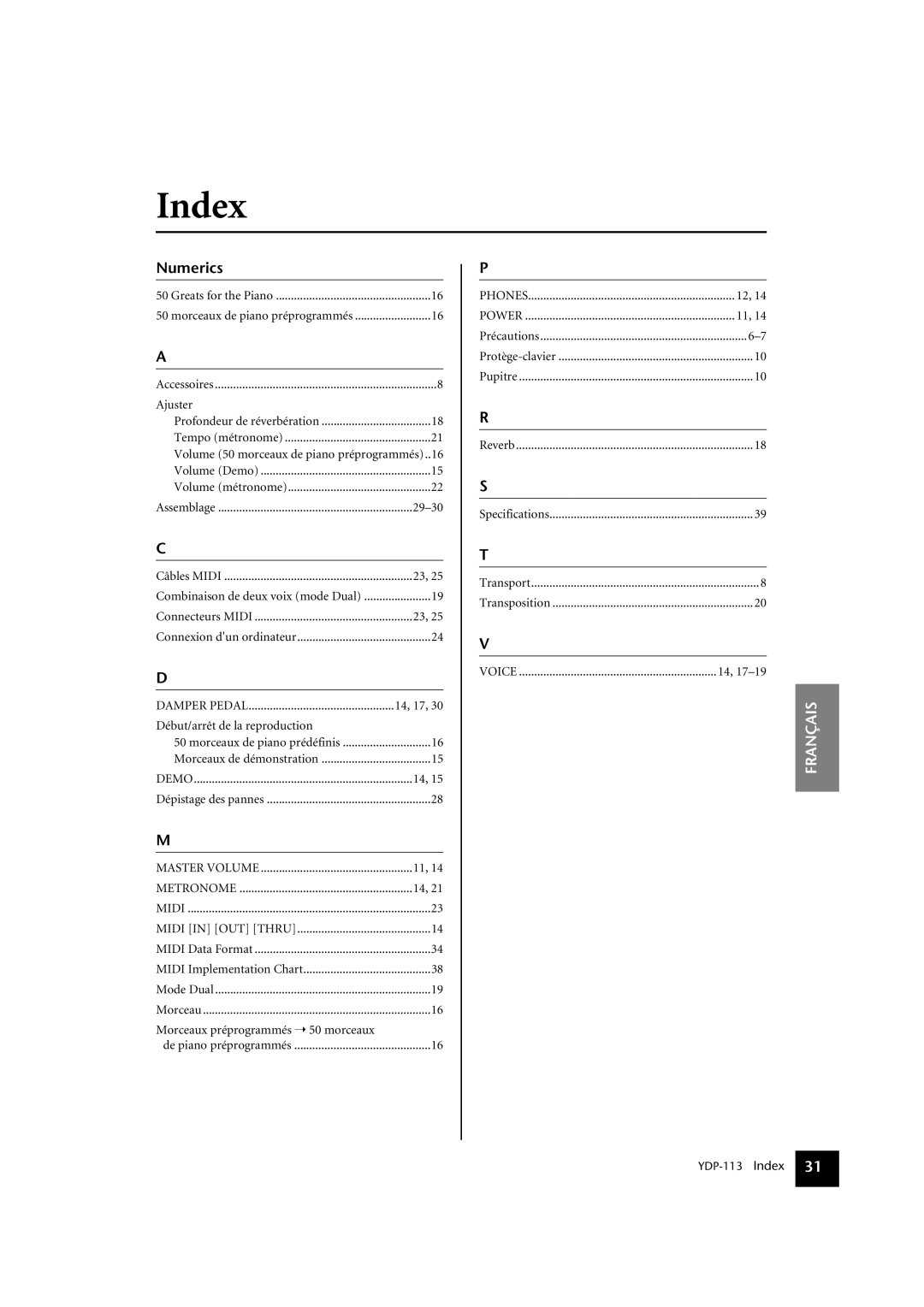 Yamaha YDP-113 owner manual Index, Numerics 