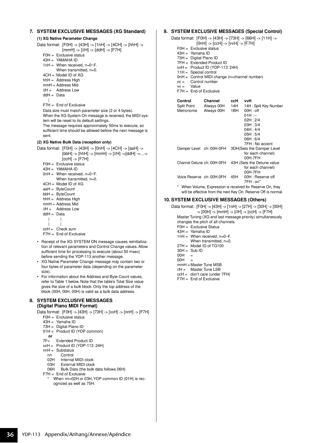 Yamaha YDP-113 owner manual XG Native Parameter Change, XG Native Bulk Data reception only, Control Channel CcH 