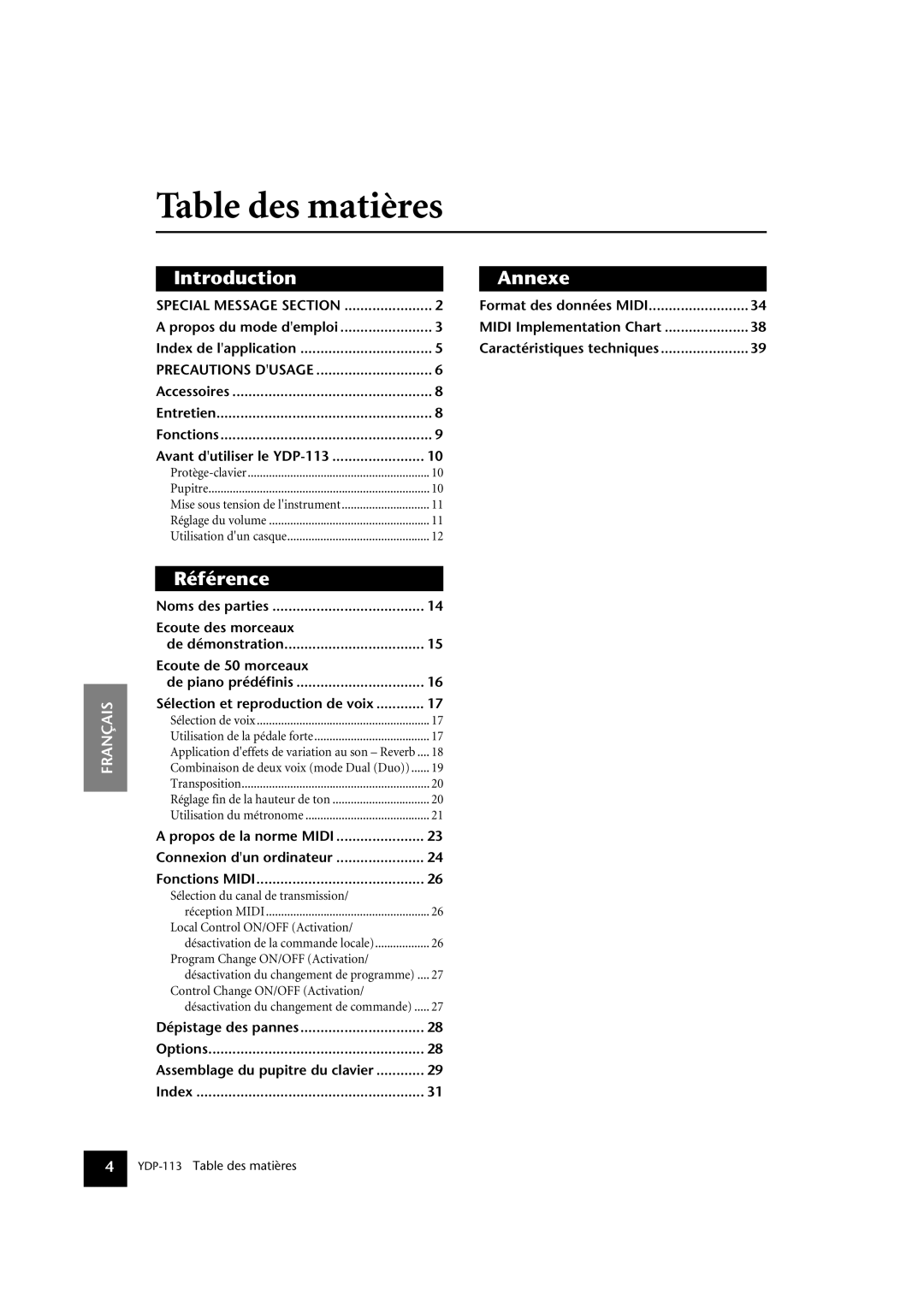 Yamaha YDP-113 owner manual Table des matières 