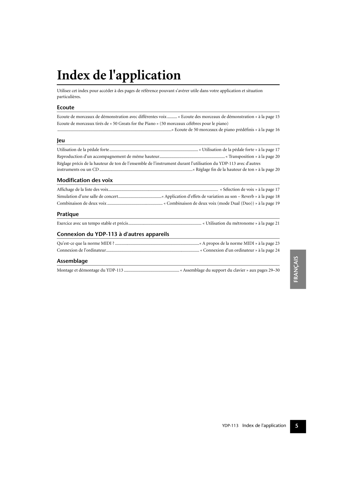 Yamaha YDP-113 owner manual Index de lapplication, Ecoute 