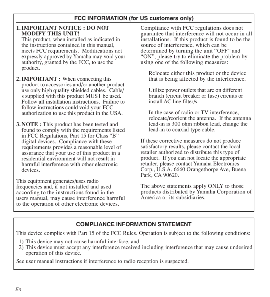 Yamaha YDS-11 owner manual Compliance Information Statement 