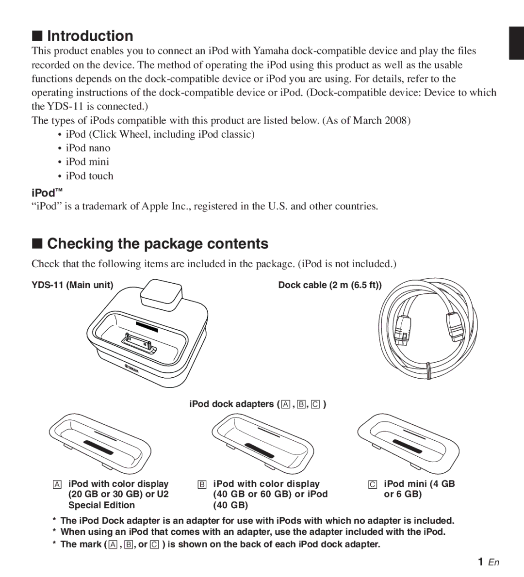 Yamaha YDS-11 owner manual Introduction, Checking the package contents 