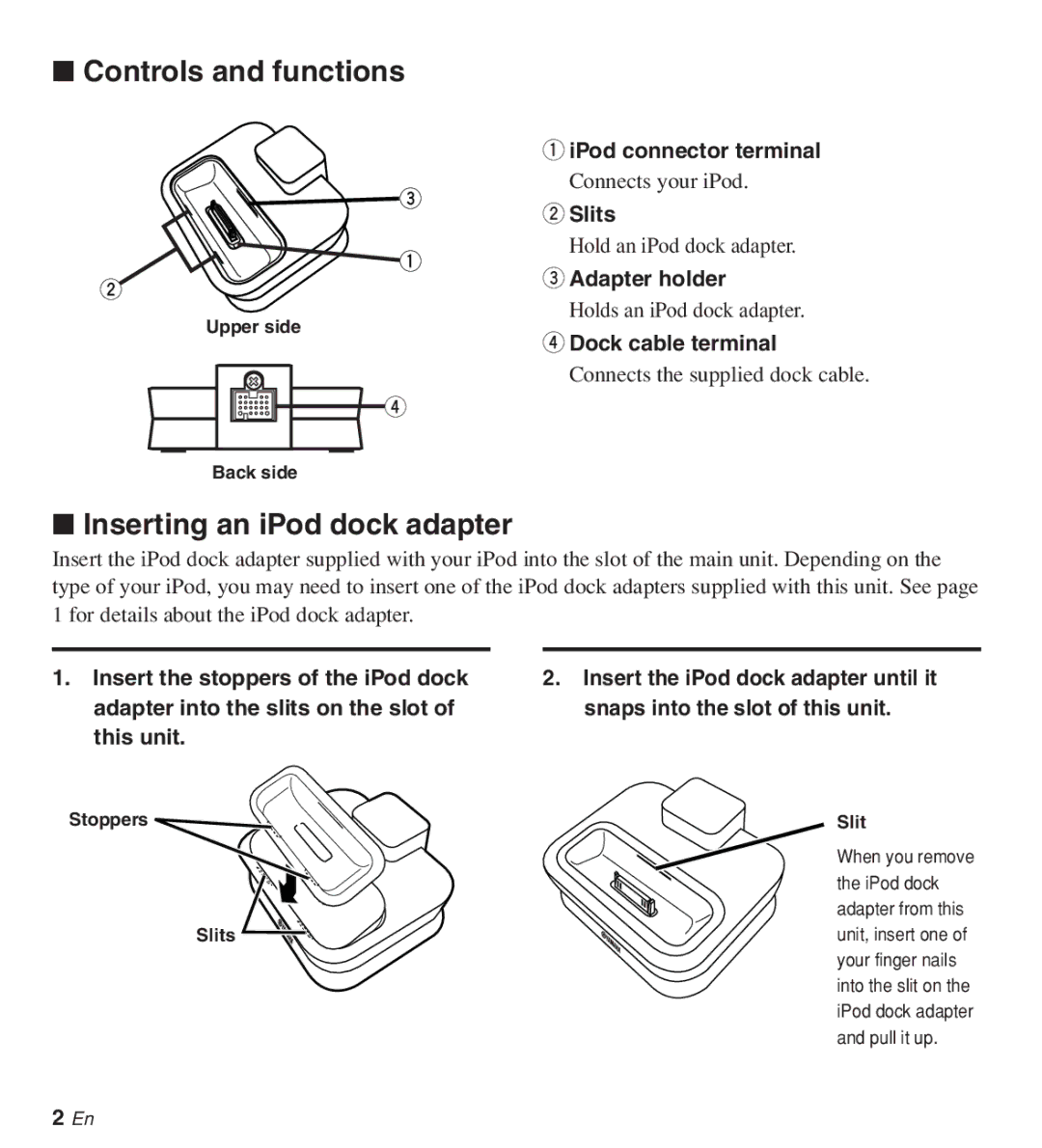 Yamaha YDS-11 owner manual Controls and functions, Inserting an iPod dock adapter 