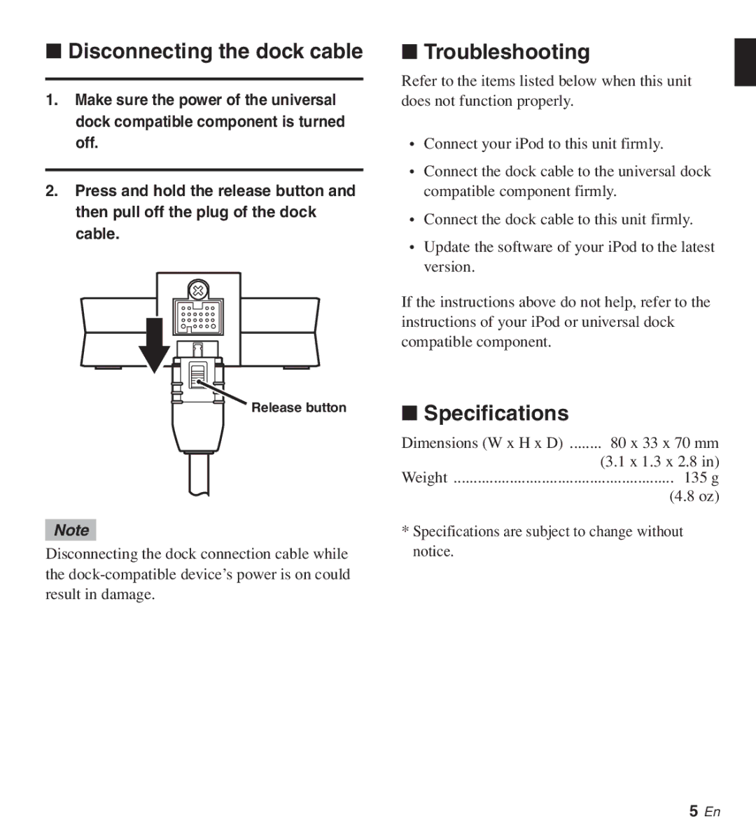 Yamaha YDS-11 owner manual Disconnecting the dock cable, Troubleshooting, Specifications 