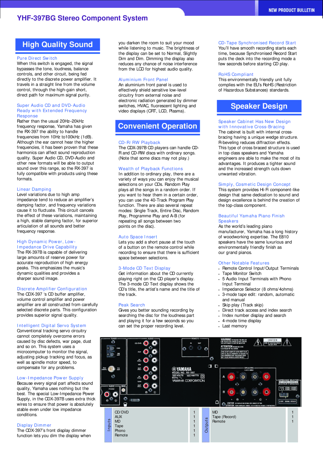 Yamaha YHF-397BG specifications High Quality Sound, Convenient Operation, Speaker Design 