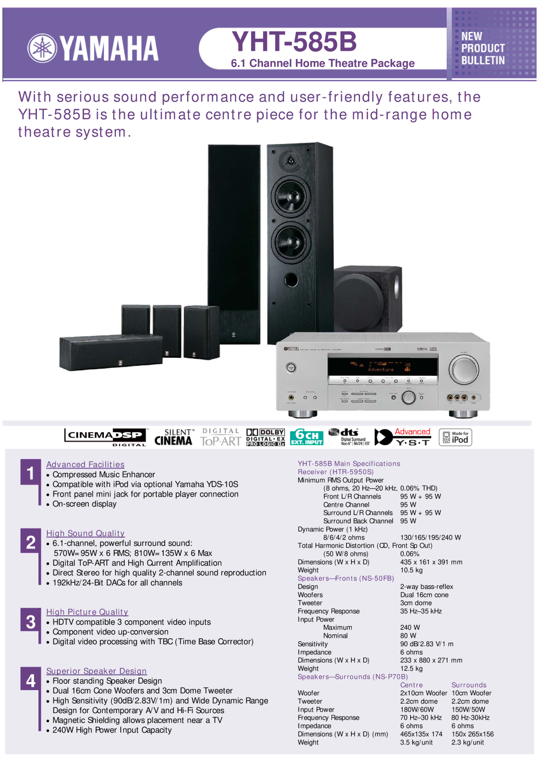 Yamaha YHT-585B specifications Advanced Facilities, High Sound Quality, High Picture Quality, Superior Speaker Design 