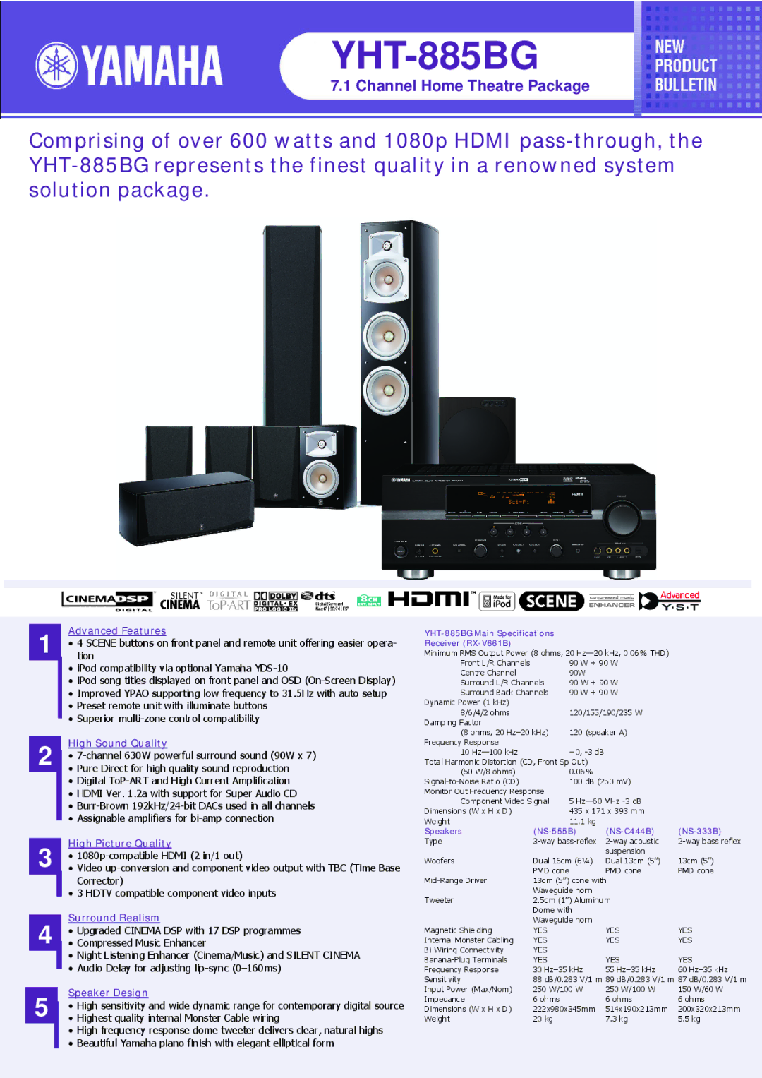 Yamaha YHT-885BG specifications Advanced Features, High Sound Quality, High Picture Quality, Surround Realism 