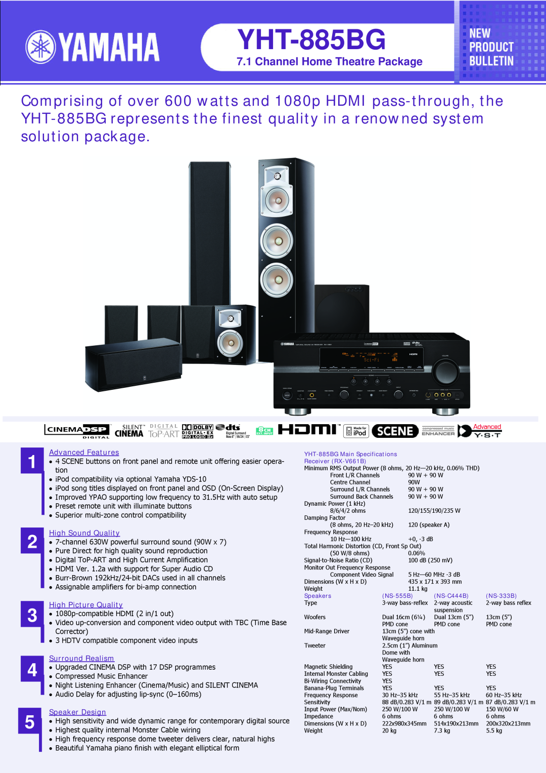 Yamaha YHT-885BG specifications Channel Home Theatre Package, Advanced Features, High Sound Quality, High Picture Quality 