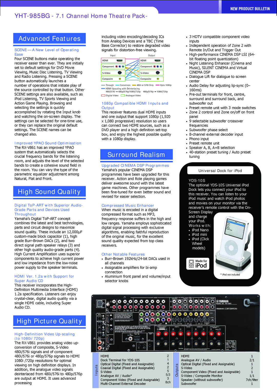 Yamaha YHT-985BG specifications Advanced Features, High Sound Quality, Surround Realism, High Picture Quality 