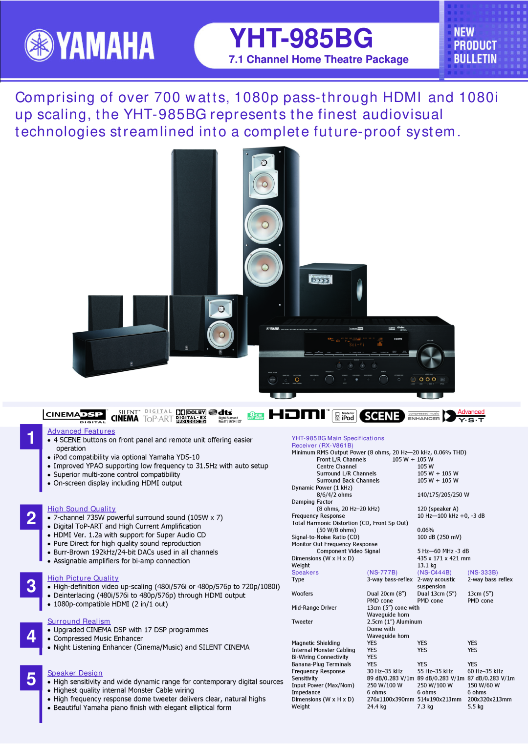 Yamaha YHT-985BG specifications Channel Home Theatre Package, Advanced Features, High Sound Quality, High Picture Quality 