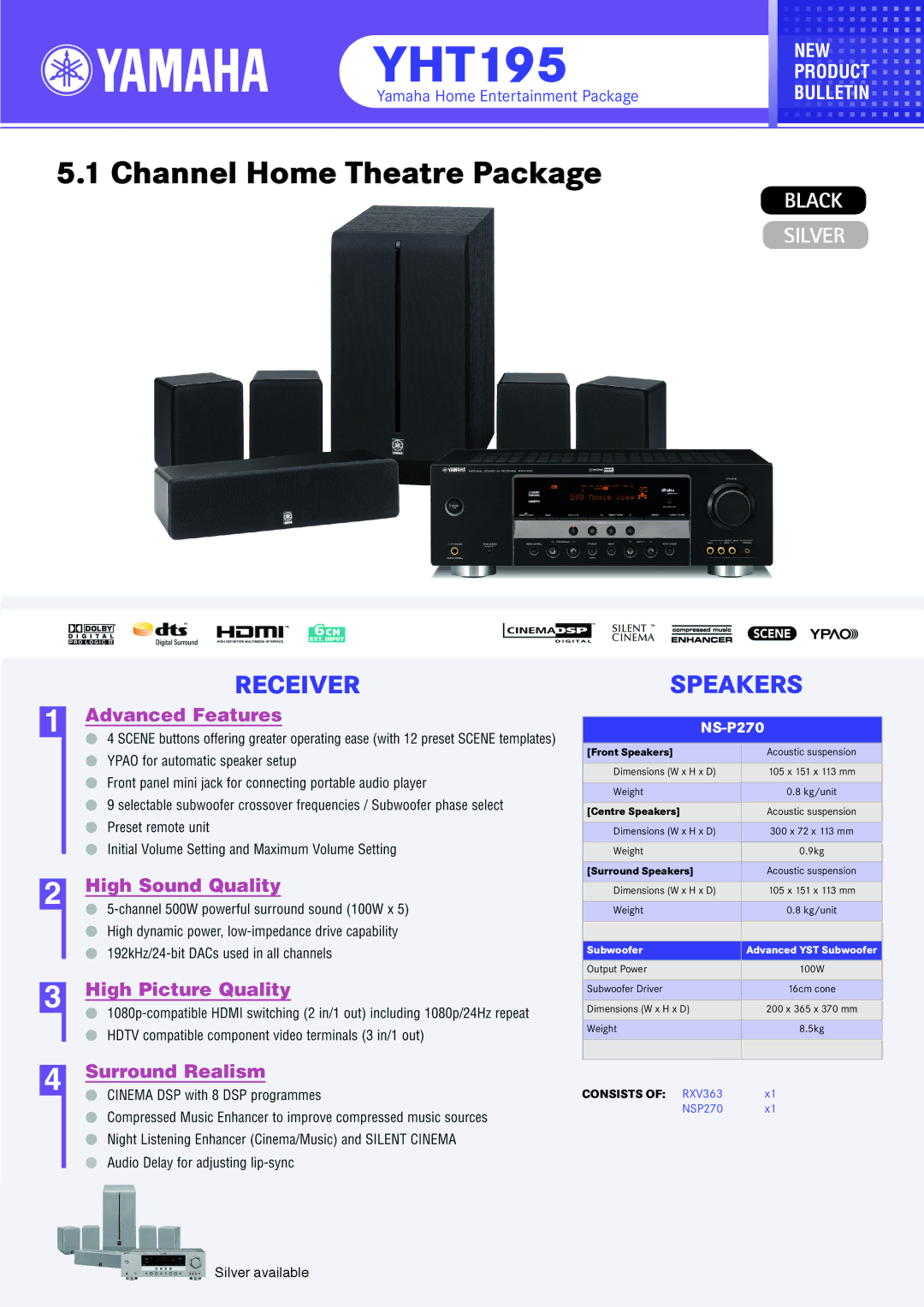 Yamaha YHT195 dimensions Channel Home Theatre Package, Receiverspeakers, NS-P270 