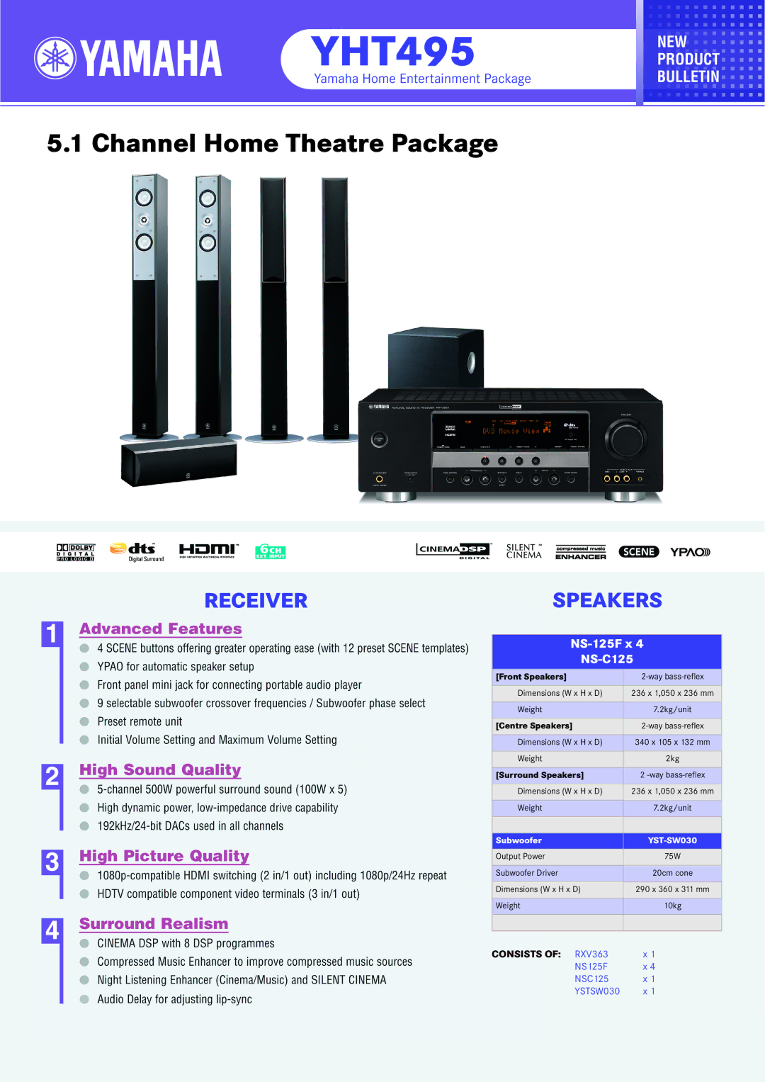 Yamaha YHT495 dimensions Channel Home Theatre Package, Receiverspeakers, NS-125F x, NS-C125 