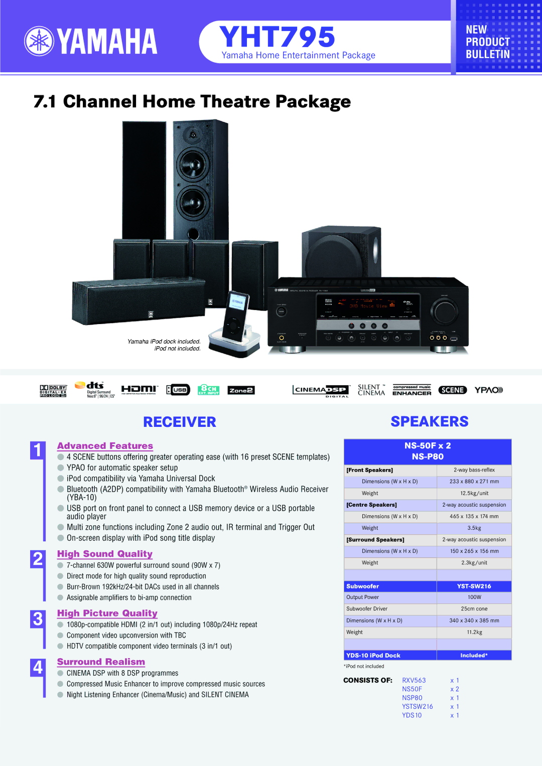 Yamaha YHT795 dimensions Channel Home Theatre Package, Receiverspeakers, NS-50F x NS-P80 