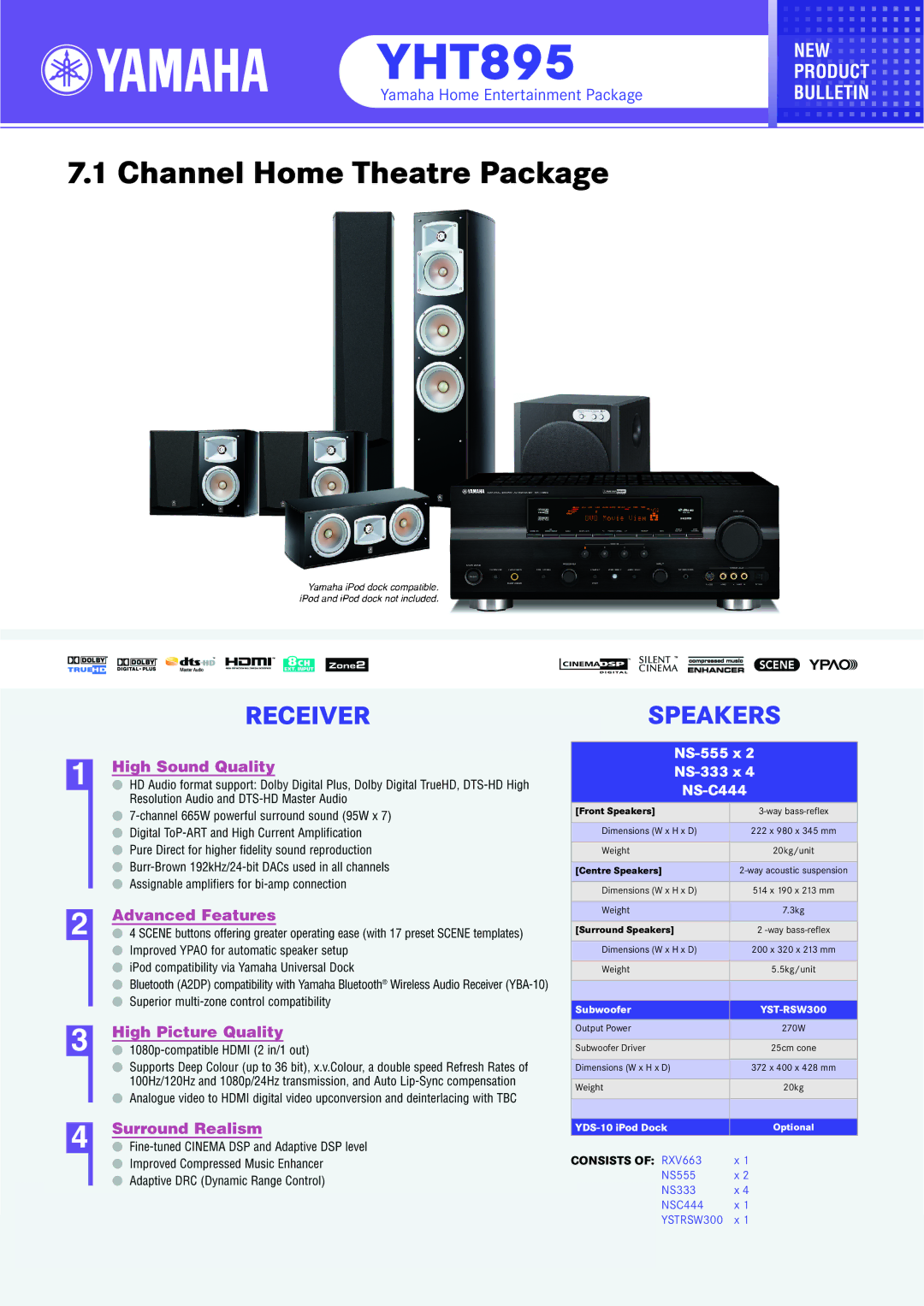 Yamaha YHT895 dimensions Channel Home Theatre Package, Receiverspeakers, NS-555 x NS-333 x NS-C444, NS555 NS333 NSC444 