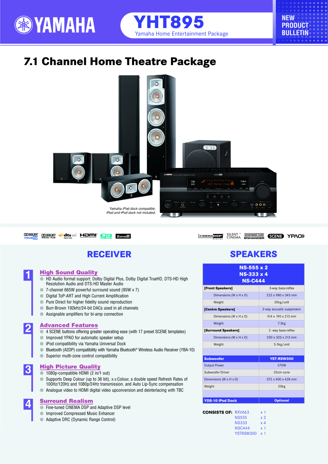 Yamaha YHT895 dimensions NS555, NS333, NSC444, Front Speakers, Centre Speakers, Surround Speakers, Receiverspeakers 