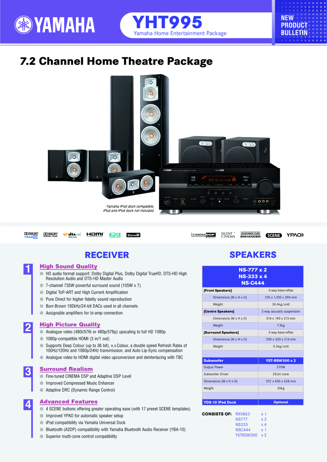 Yamaha YHT995 dimensions Channel Home Theatre Package, Receiverspeakers, NS-777 x NS-333 x NS-C444, NS777 NS333 NSC444 