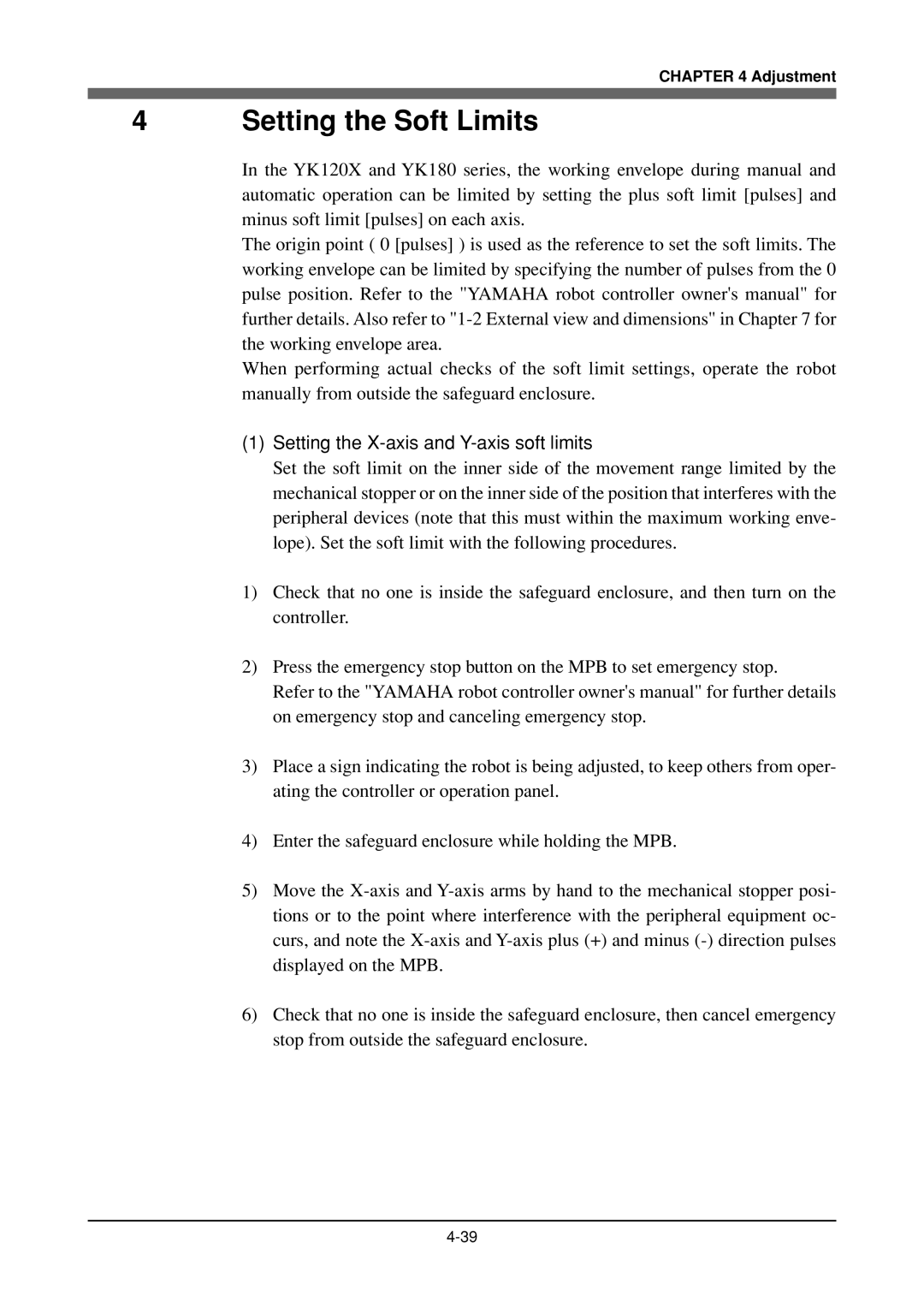 Yamaha YK120X, YK180X owner manual Setting the Soft Limits, Setting the X-axis and Y-axis soft limits 