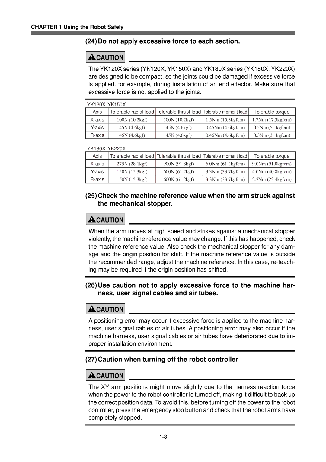 Yamaha YK180X, YK120X 24Do not apply excessive force to each section, 27Caution when turning off the robot controller 