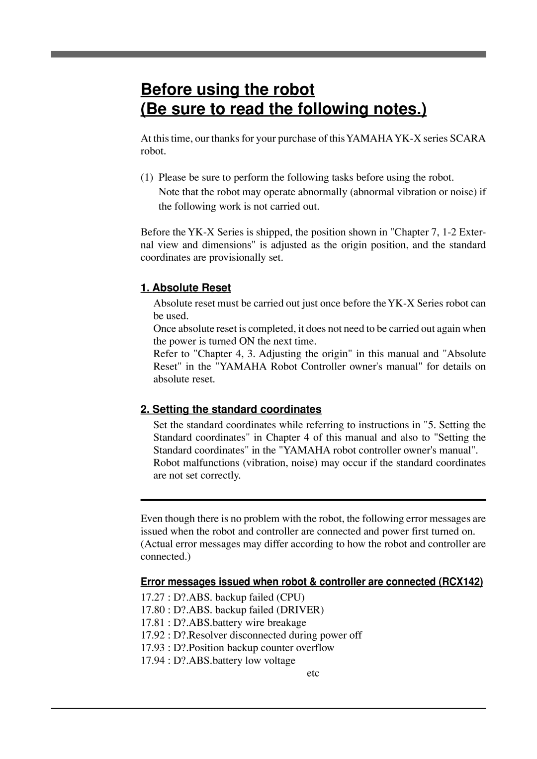 Yamaha YK120X Before using the robot Be sure to read the following notes, Absolute Reset, Setting the standard coordinates 