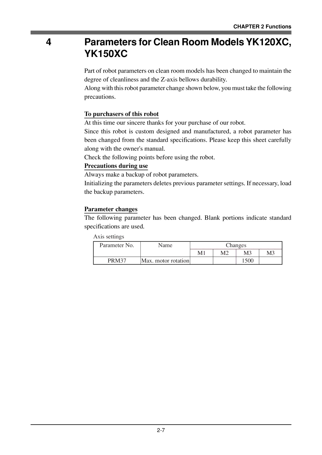 Yamaha YK180X owner manual Parameters for Clean Room Models YK120XC, YK150XC, To purchasers of this robot 