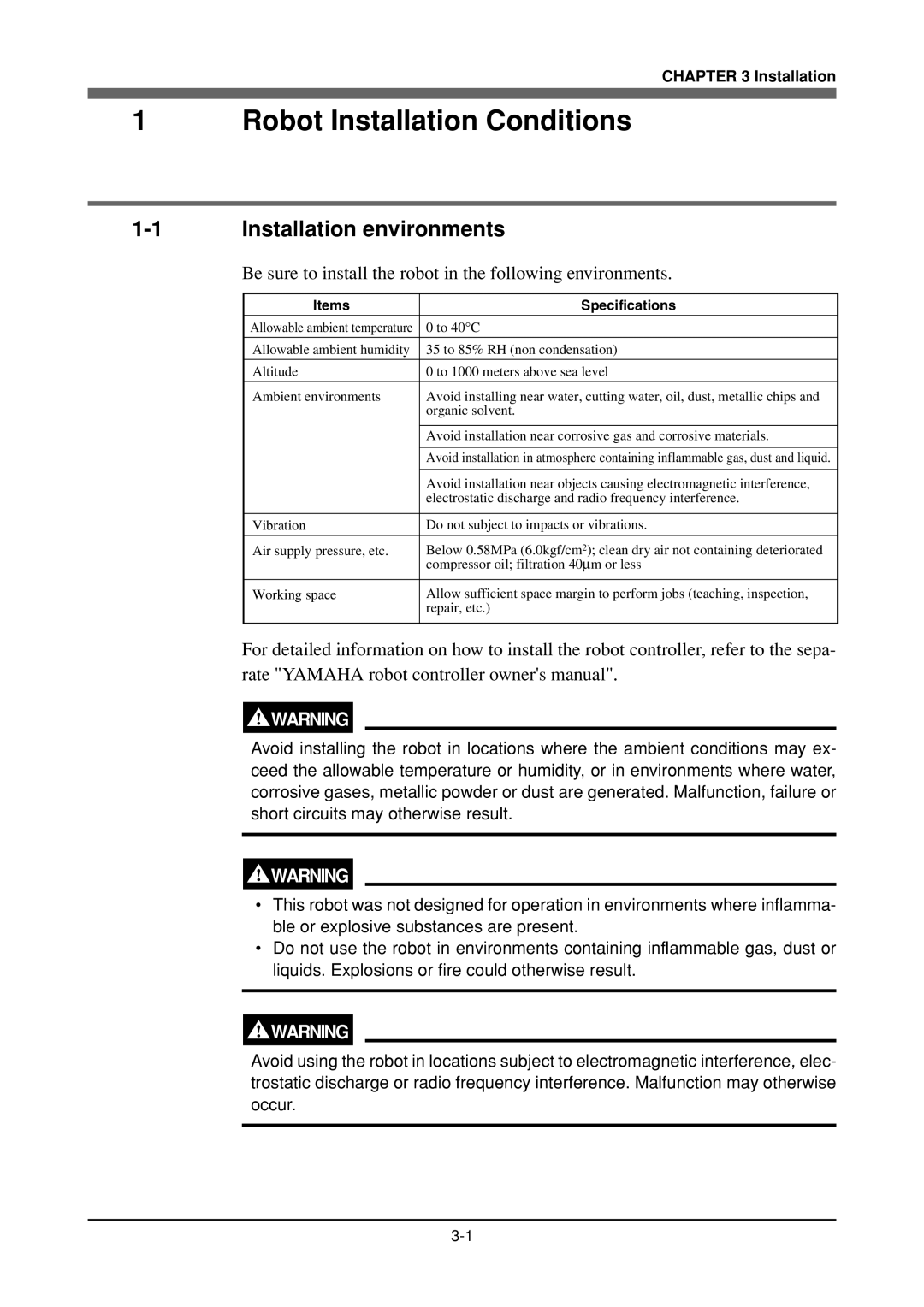 Yamaha YK120X, YK180X owner manual Robot Installation Conditions, Installation environments 