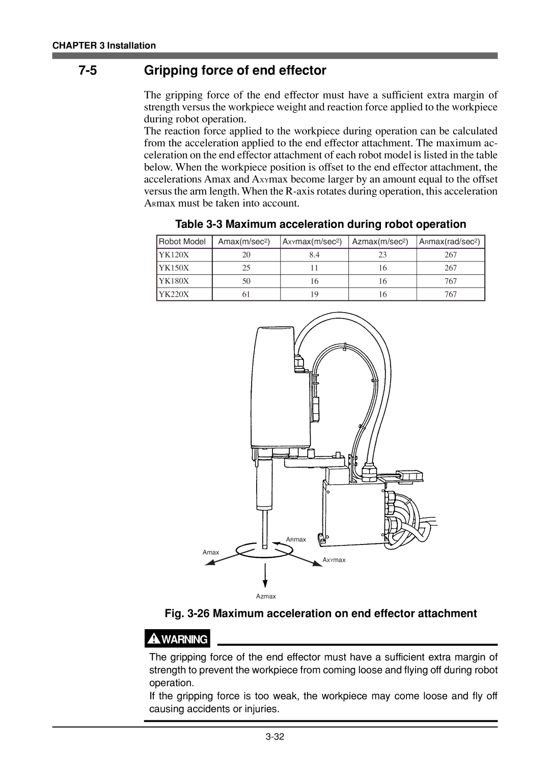 Yamaha YK180X, YK120X owner manual Gripping force of end effector, Maximum acceleration during robot operation 