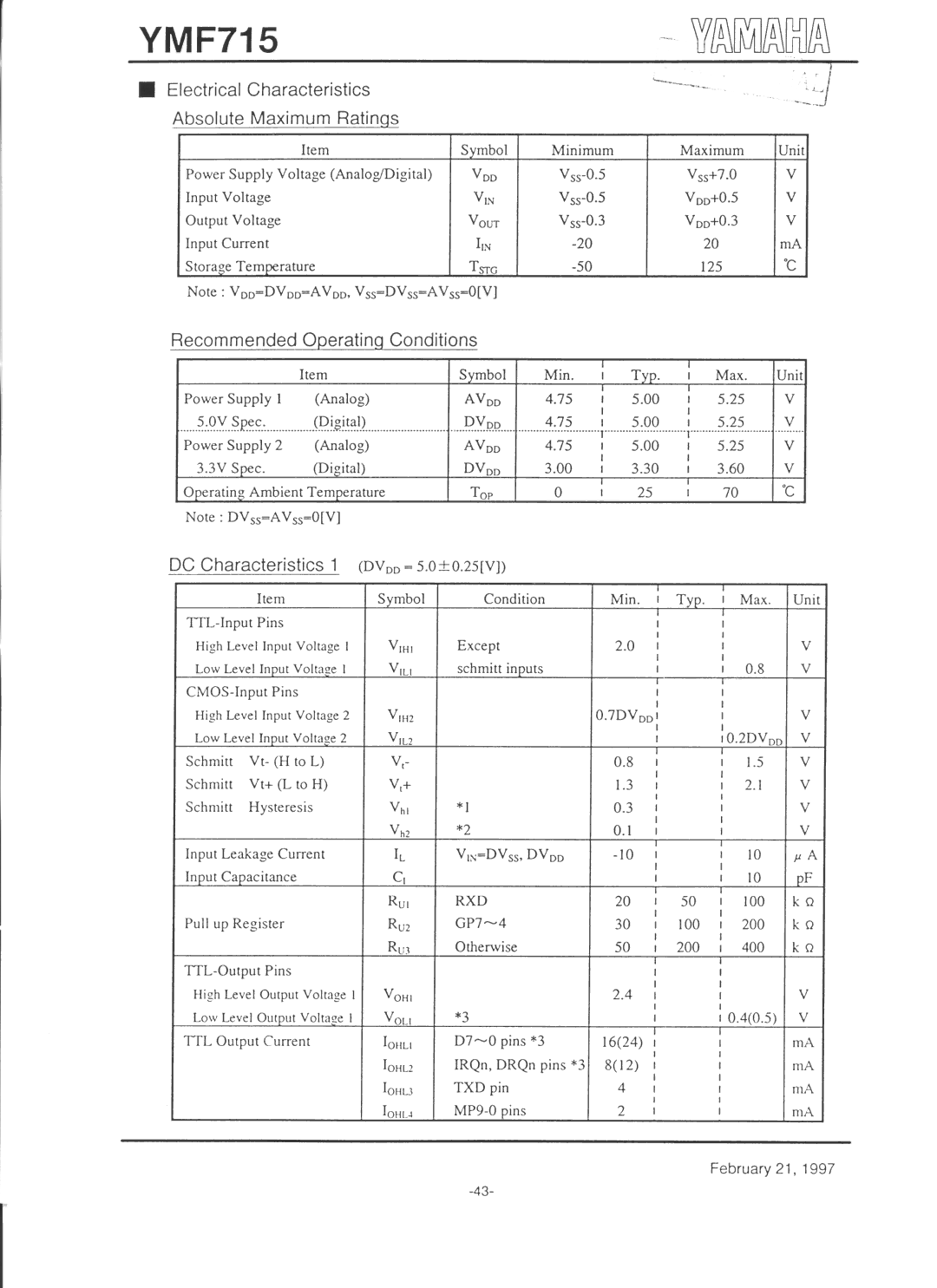 Yamaha YMF715 manual 