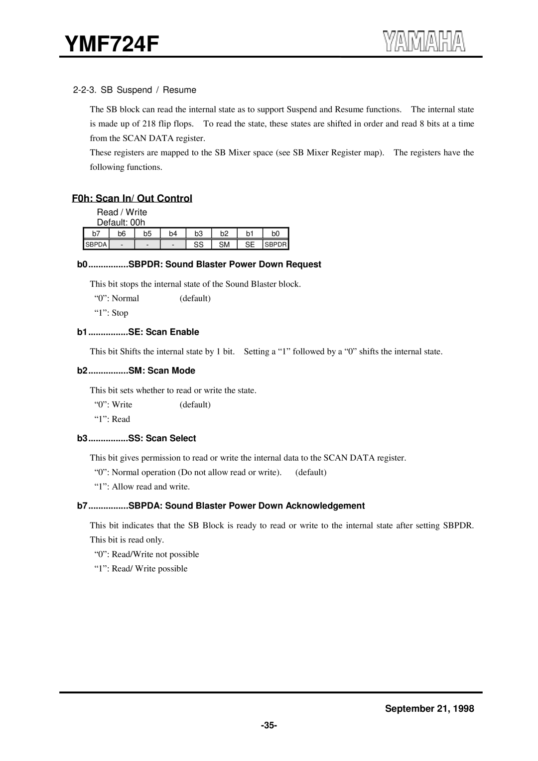 Yamaha YMF724F F0h Scan In/ Out Control, B0................SBPDR Sound Blaster Power Down Request, SE Scan Enable 