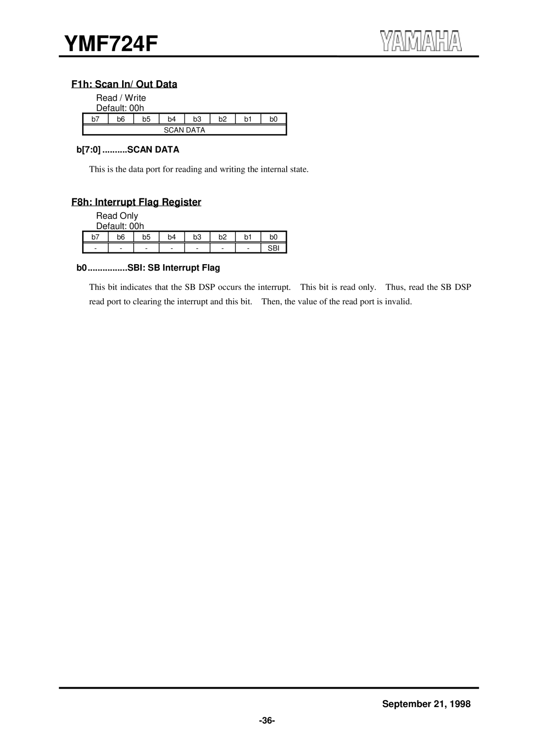 Yamaha YMF724F specifications F1h Scan In/ Out Data, F8h Interrupt Flag Register, B70 ..........SCAN Data 