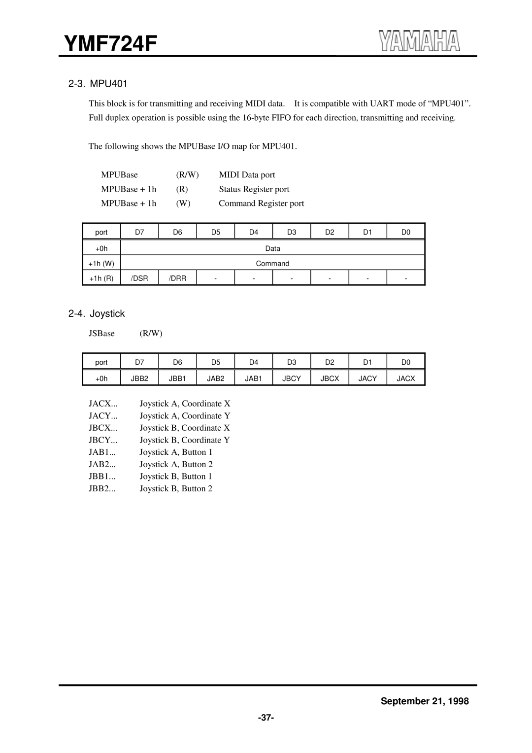 Yamaha YMF724F specifications MPU401, Joystick 