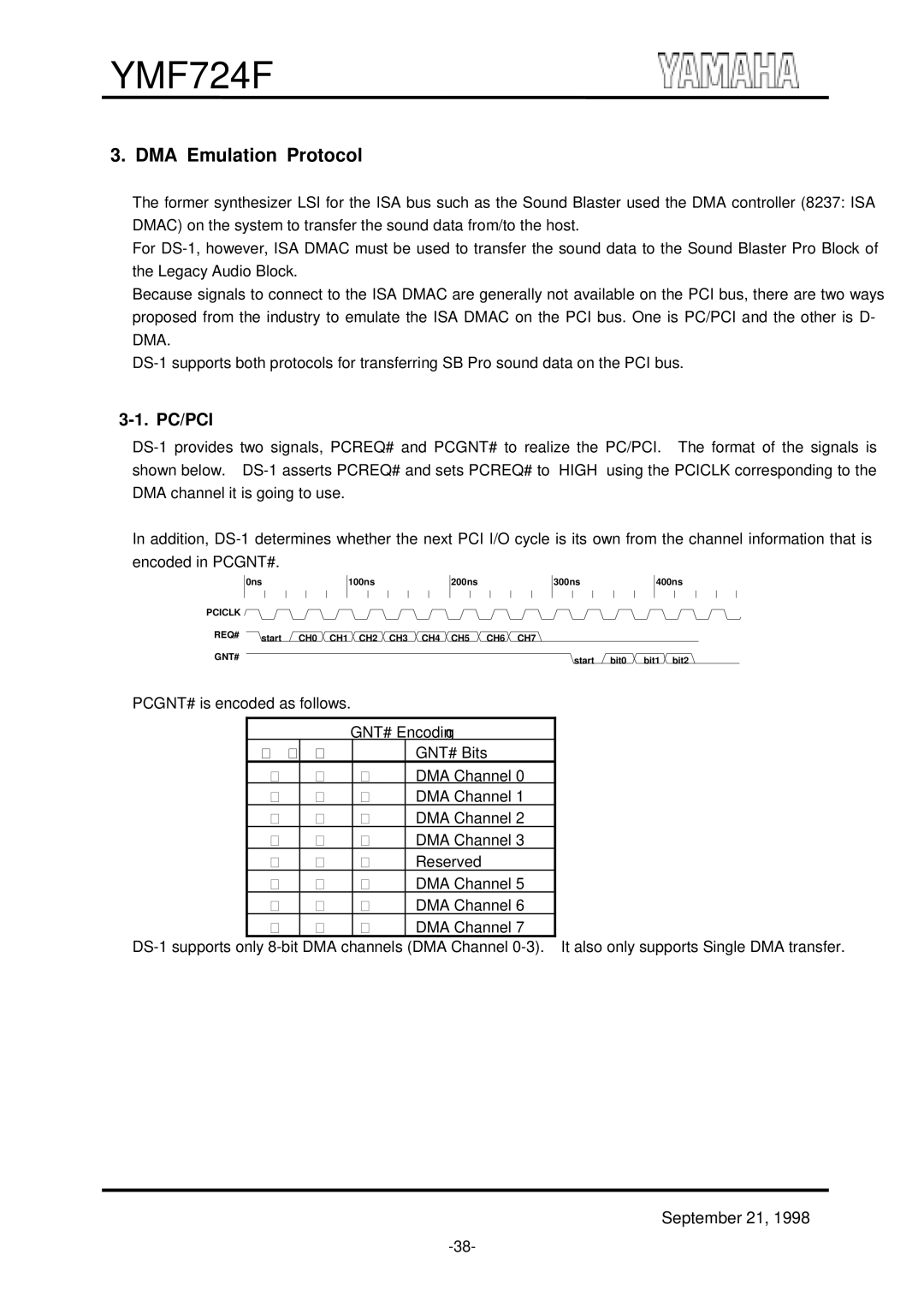 Yamaha YMF724F specifications DMA Emulation Protocol, Pc/Pci 