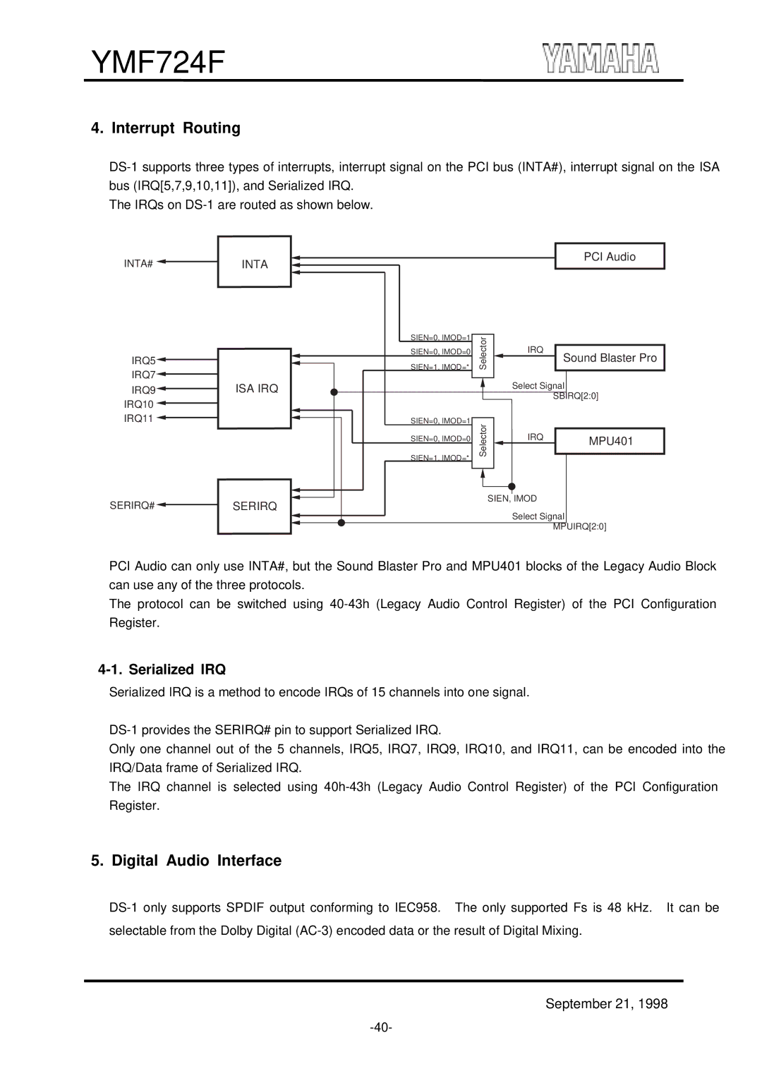 Yamaha YMF724F specifications Interrupt Routing, Digital Audio Interface, Serialized IRQ 