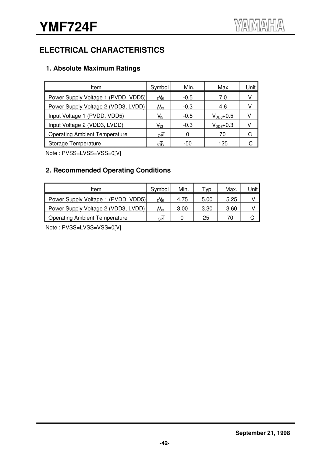 Yamaha YMF724F specifications Electrical Characteristics, Absolute Maximum Ratings 