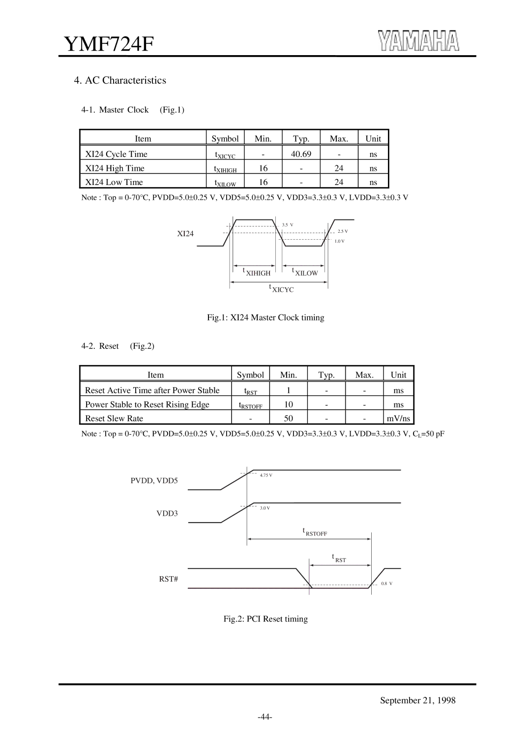 Yamaha YMF724F specifications Master Clock, Reset 