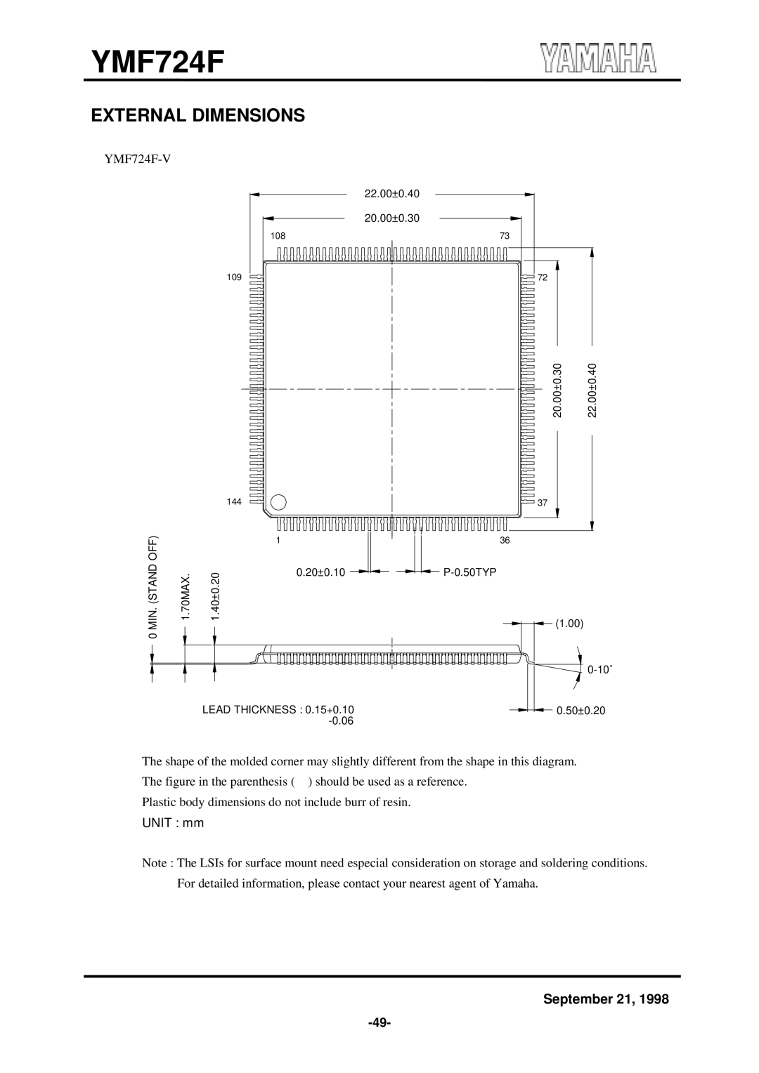 Yamaha YMF724F specifications External Dimensions, Off 