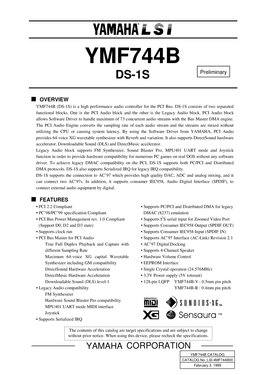 Yamaha YMF744B (DS-1S) specifications Preliminary, Overview, Features 