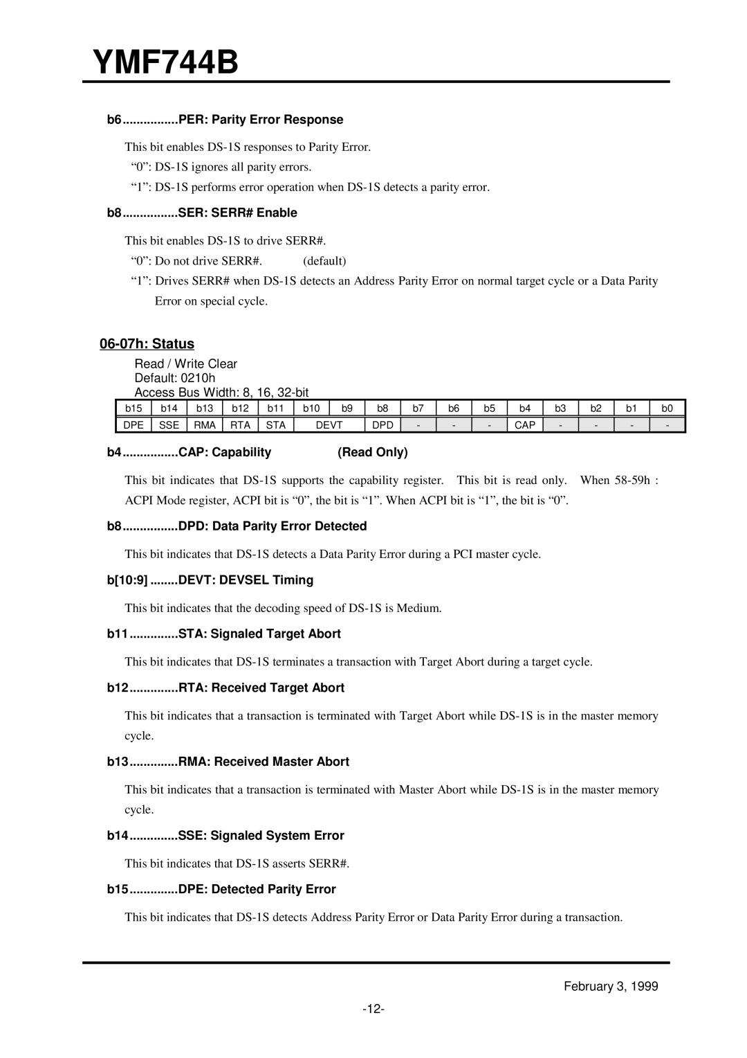 Yamaha YMF744B (DS-1S) specifications 06-07h Status 