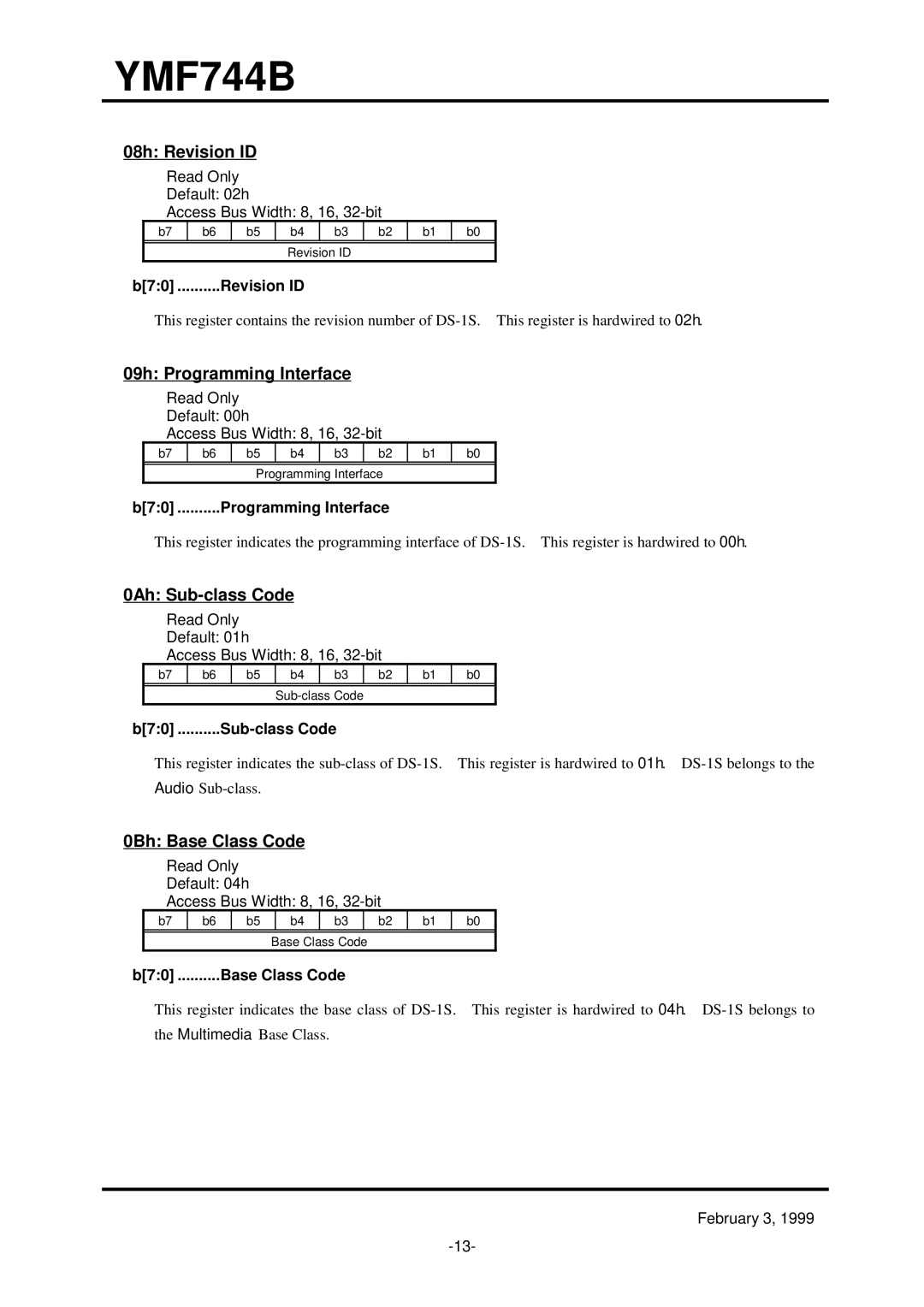 Yamaha YMF744B (DS-1S) specifications 08h Revision ID, 09h Programming Interface, 0Ah Sub-class Code, 0Bh Base Class Code 