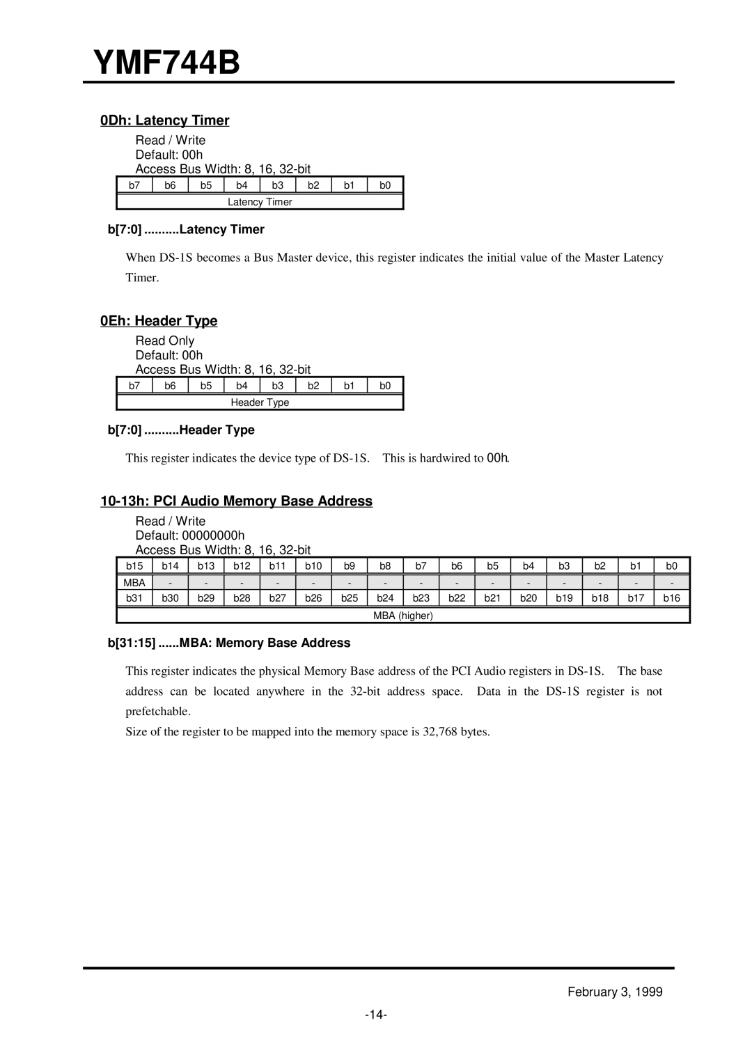 Yamaha YMF744B (DS-1S) specifications 0Dh Latency Timer, 0Eh Header Type, 10-13h PCI Audio Memory Base Address 