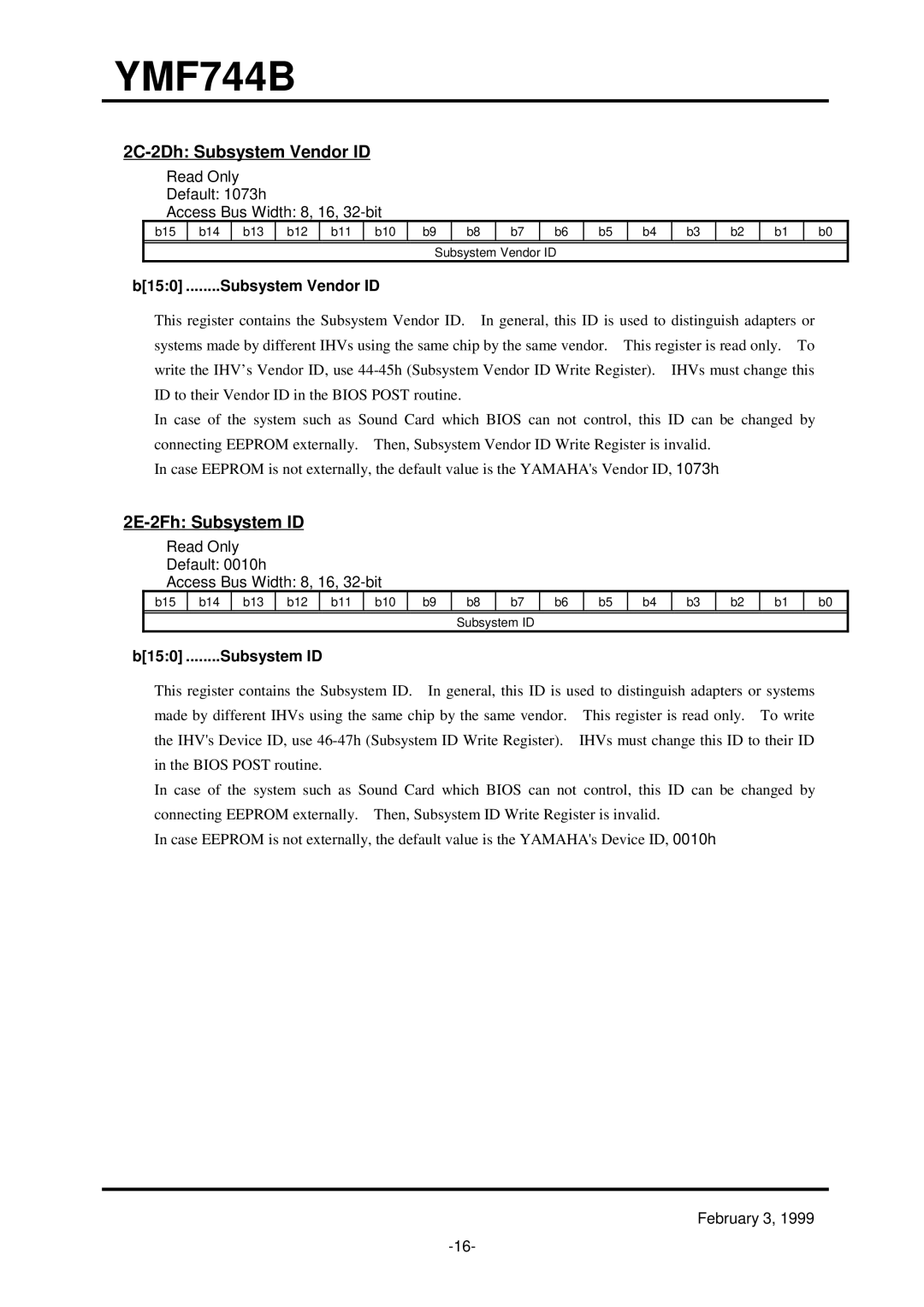 Yamaha YMF744B (DS-1S) specifications 2C-2Dh Subsystem Vendor ID, 2E-2Fh Subsystem ID, B150 ........Subsystem Vendor ID 