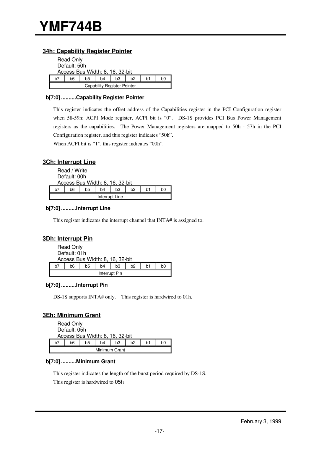 Yamaha YMF744B (DS-1S) 34h Capability Register Pointer, 3Ch Interrupt Line, 3Dh Interrupt Pin, 3Eh Minimum Grant 