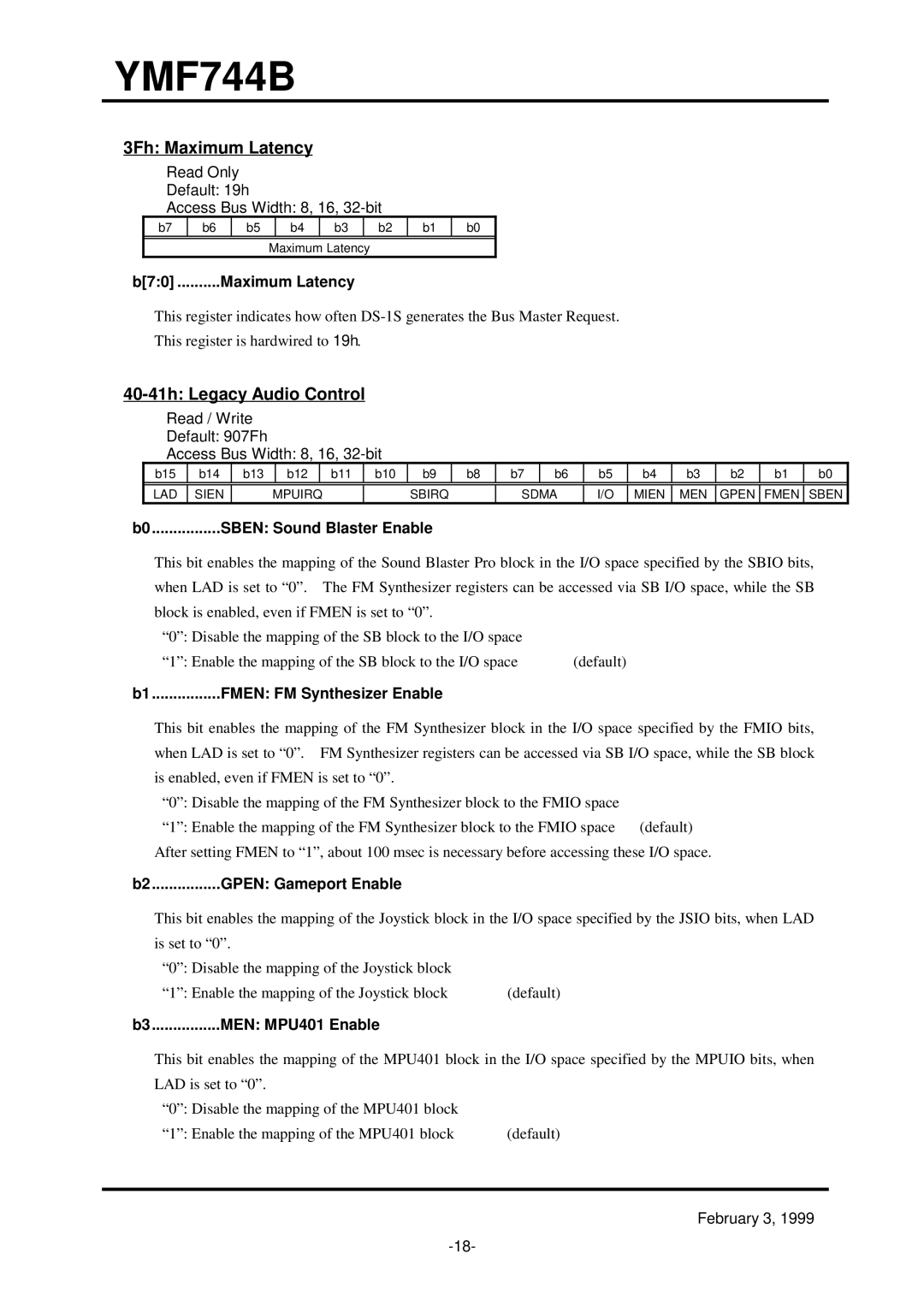 Yamaha YMF744B (DS-1S) specifications 3Fh Maximum Latency, 40-41h Legacy Audio Control 