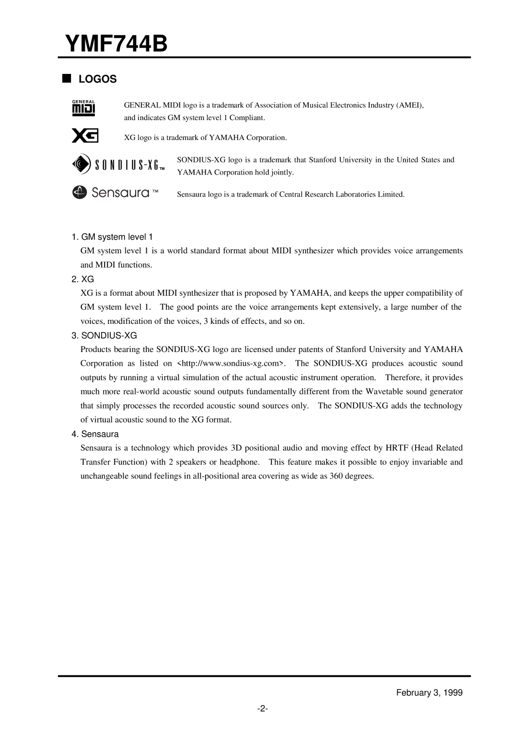 Yamaha YMF744B (DS-1S) specifications Logos, GM system level, Sensaura, February 3 