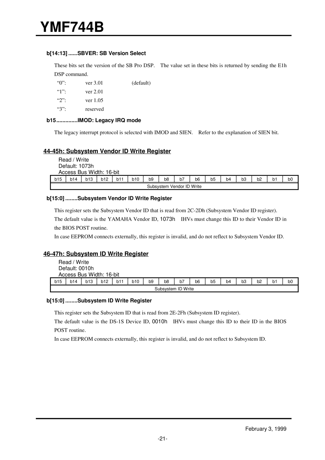 Yamaha YMF744B (DS-1S) specifications 44-45h Subsystem Vendor ID Write Register, 46-47h Subsystem ID Write Register 